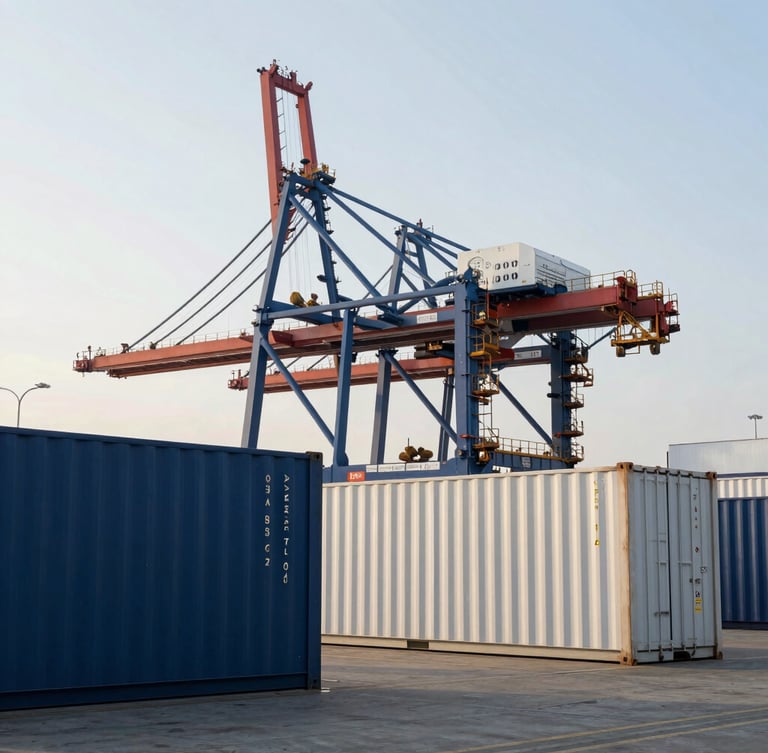 Wide architectural shot of a modern automated shipping container terminal in soft morning light, clean lines, high-contrast industrial composition.