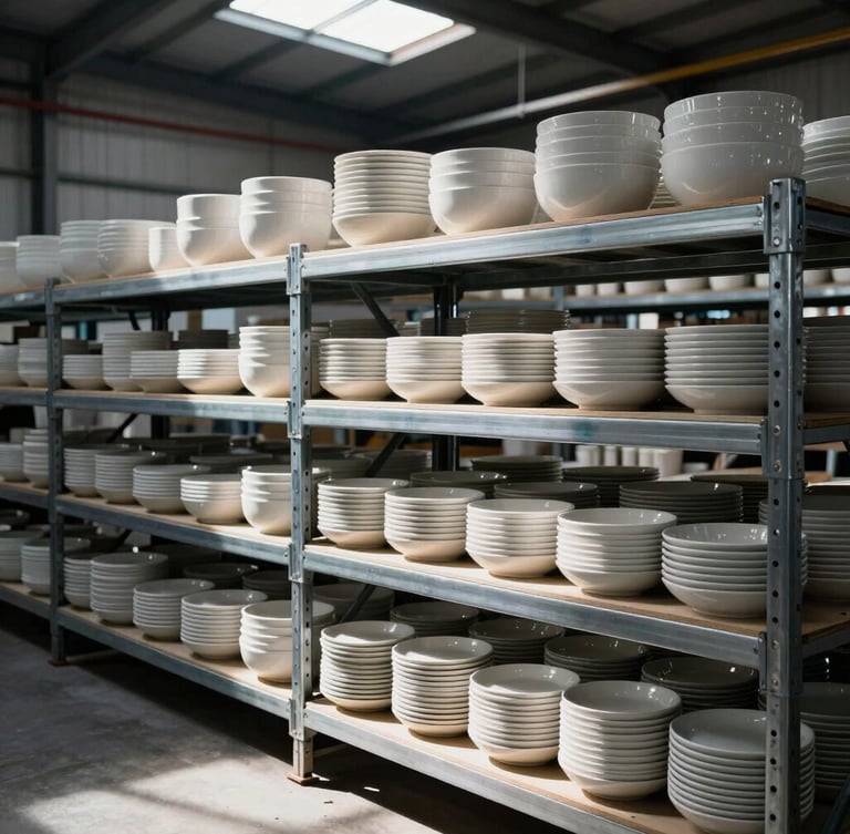 Industrial warehouse interior with high-contrast daylight streaming through skylights, structured stacks of minimalist ceramic dinnerware on heavy-duty metal shelving, cool color palette