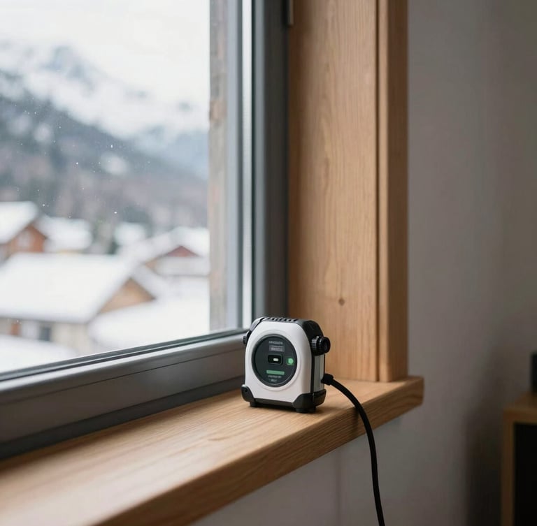 Crisp natural daylight shot of a modern alpine apartment interior in Grenoble, clean lines, laser distance measure resting on a wooden window sill, sharp focus.