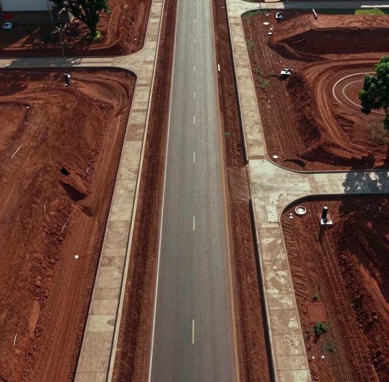 Top-down orthographic aerial view of a clean, newly planned urban road grid in Paraguay, crisp morning daylight highlighting concrete curbs and raw red earth, highly technical and structured composition.