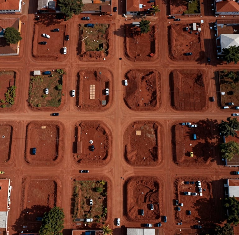 Top-down orthographic drone view of an emerging urban grid in Paraguay, clean dirt roads carved into red soil, high-contrast morning light emphasizing structural layout