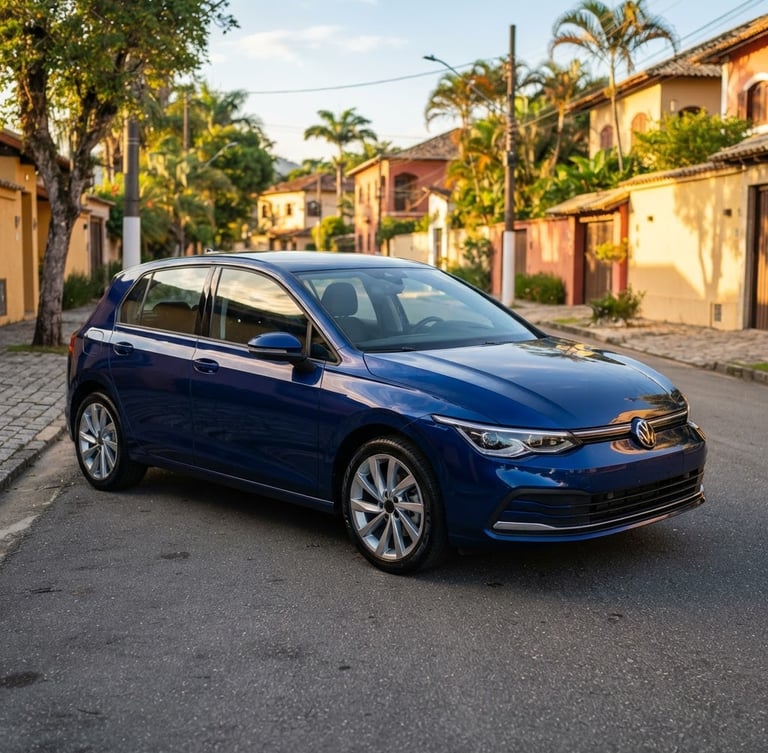 Bright daylight shot of a modern hatchback car parked on a clean street in Itaboraí, golden hour light reflecting on the deep blue metallic paint, sharp focus, 35mm lens