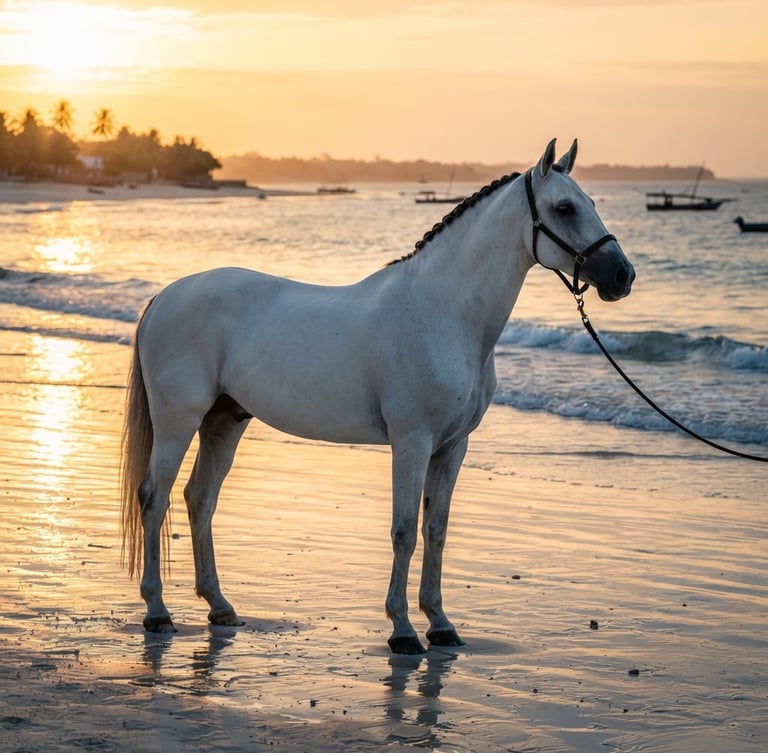 A majestic white warmblood horse standing on the pristine white sands of Bagamoyo beach at sunrise, dramatic golden-hour light reflecting off the Indian Ocean, shallow depth of field, luxury editorial photography.