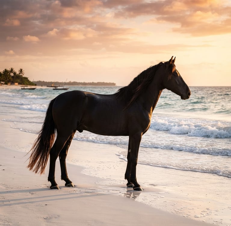 Side view of a majestic black Andalusian horse standing on the pristine white sands of Bagamoyo beach at golden hour, ocean waves gently breaking in the background, dramatic lighting, luxury editorial photography.