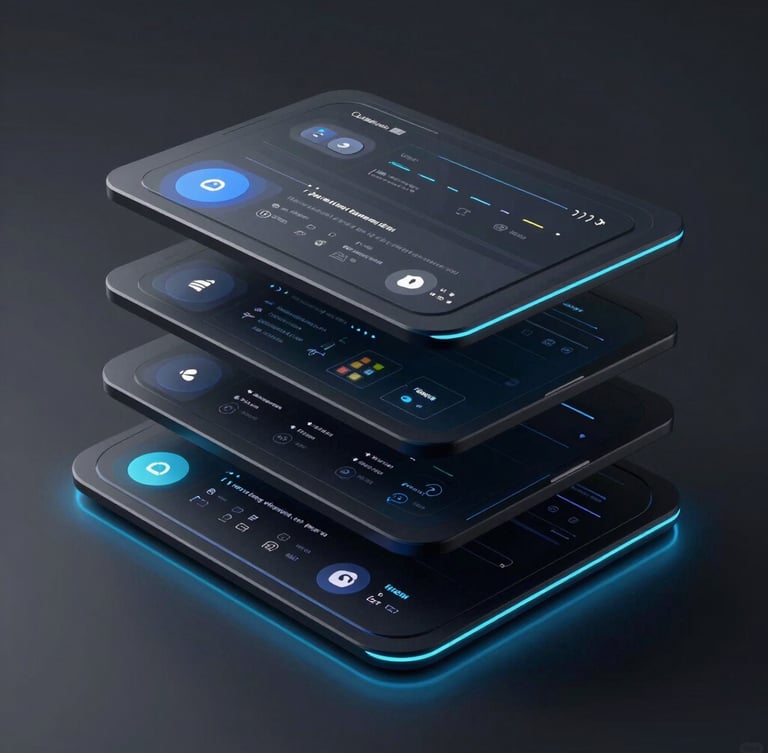 Sleek 3D render of a multi-layered digital interface displaying localized content blocks, dark ambient lighting with electric indigo neon accents, sharp perspective view