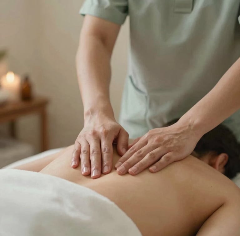Close-up of hands performing professional massage techniques with aromatic oils, warm soft ambient indoor lighting, muted sage and cream tones, shallow depth of field.