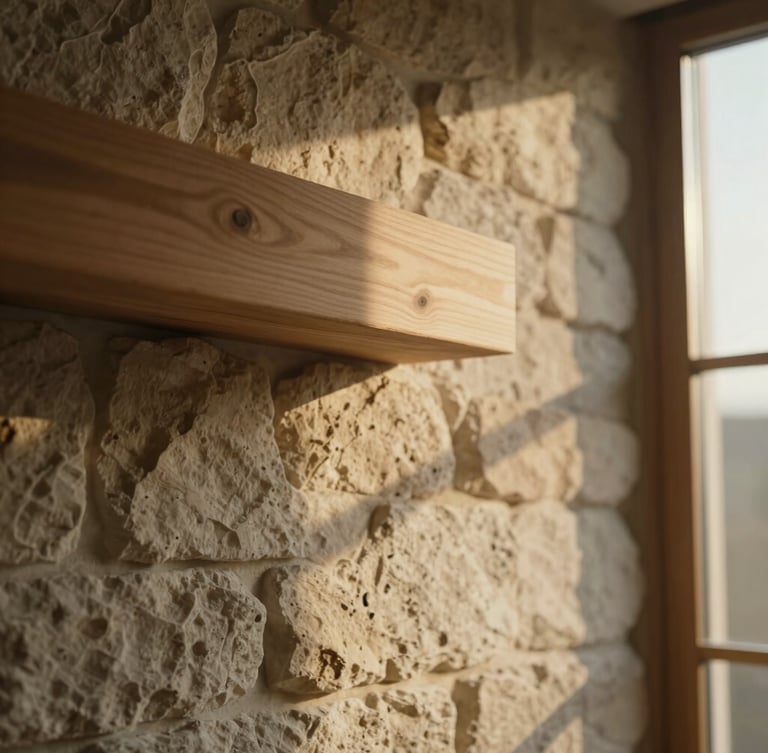 Close-up of hand-chiselled stone wall meeting a solid larch wood beam, soft golden-hour window light casting long shadows, tactile texture, quiet luxury aesthetic