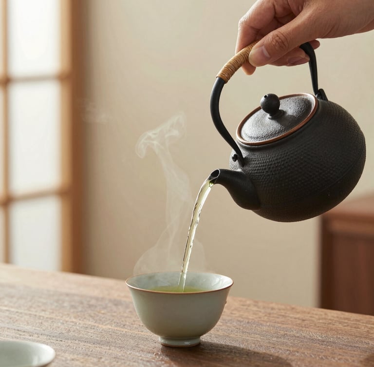 Close-up of a hand pouring green tea from a traditional cast iron teapot into a ceramic cup, steam rising, soft natural light