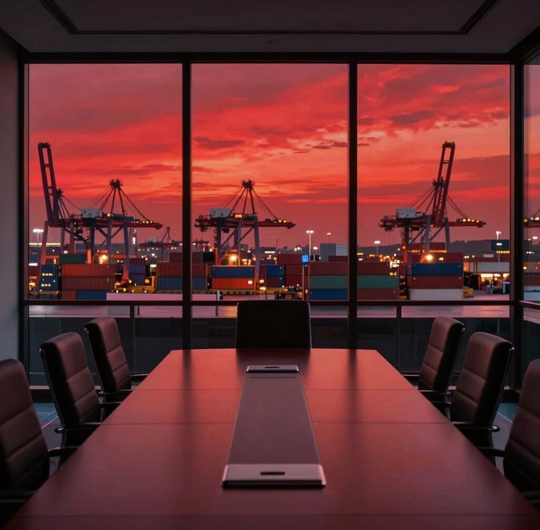 Sleek corporate boardroom overlooking a busy high-scale container port, dramatic architectural lighting, deep red reflections on glass, sharp focus.