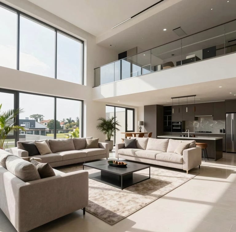 High-end modern apartment living room in East Legon, bright natural Ghanaian sunlight, crisp details, realistic colors, architectural photography