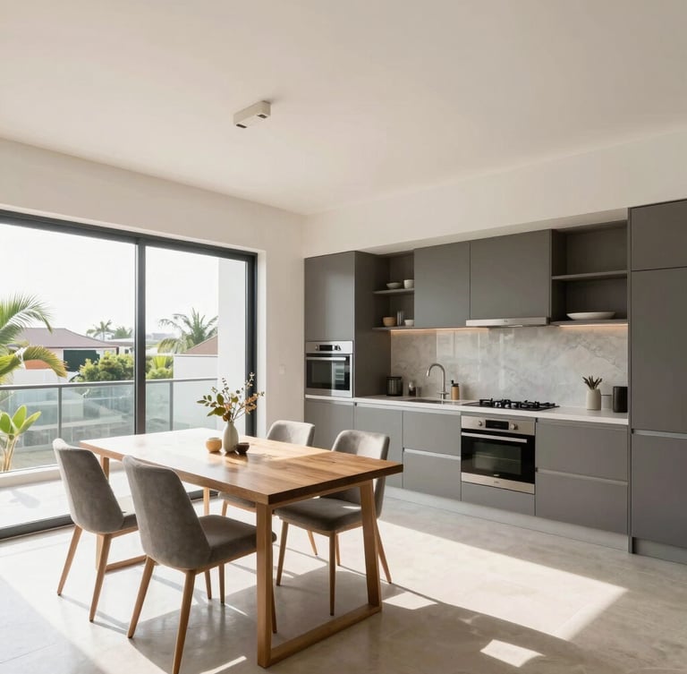 Bright, modern kitchen and dining area in a premium Accra short-stay apartment, natural sunlight, high-trust architectural photography