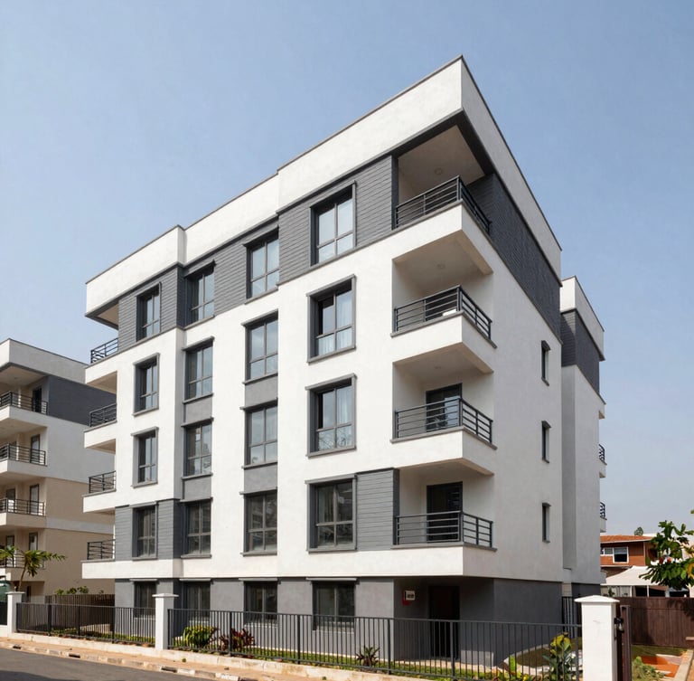 Architectural photography of a modern residential development in Spintex under bright natural Ghanaian sunlight, clean lines, high-trust editorial feel