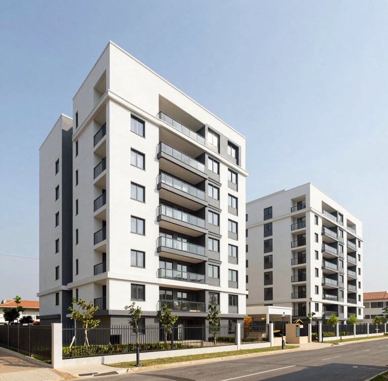Wide-angle architectural shot of a modern residential development in Spintex, Accra, under bright natural Ghanaian sunlight, clean lines.
