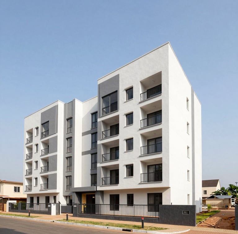 Wide-angle architectural photograph of modern residential development in Accra, bright natural Ghanaian sunlight, clean lines, high-trust editorial feel