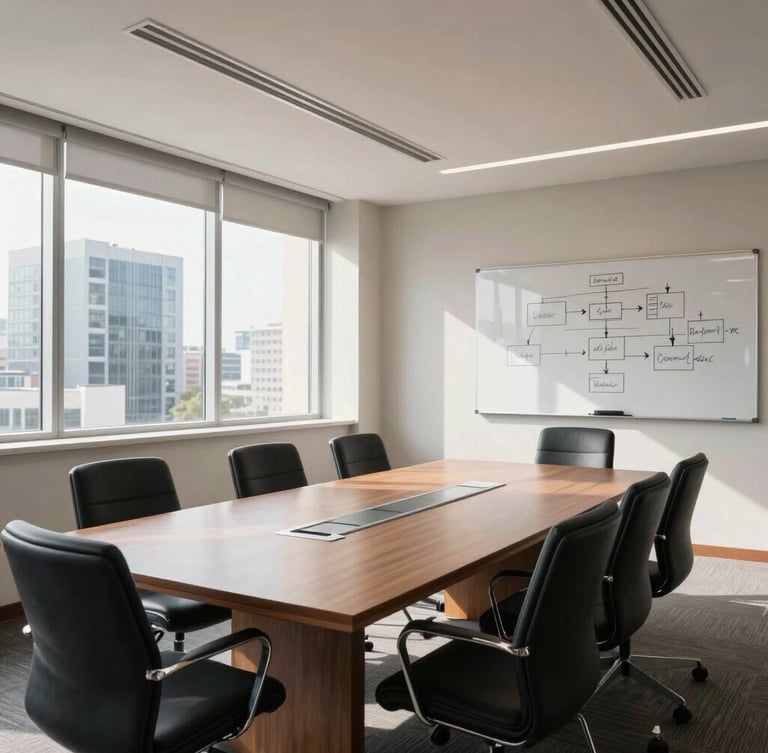 Medium-wide shot of a bright, structured meeting room in a Conakry business district, natural high-contrast daylight, clean architectural lines, a whiteboard with process diagrams visible in the background.