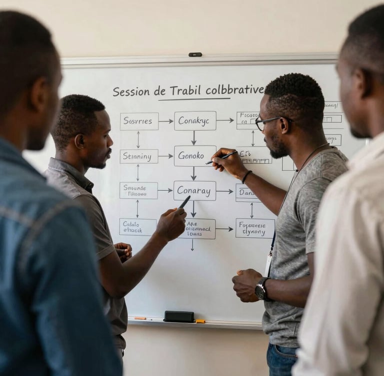 Session de travail collaboratif à Conakry, ingénieurs et cadres guinéens analysant un diagramme de flux sur un tableau blanc, lumière naturelle du jour.
