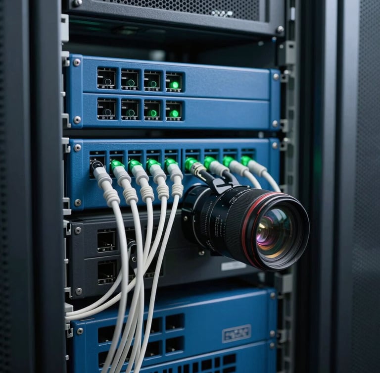 Vue rapprochée d'un rack de serveurs d'entreprise dans un centre de données propre à Conakry, câblage structuré bleu et voyants d'activité verts, éclairage naturel contrasté.