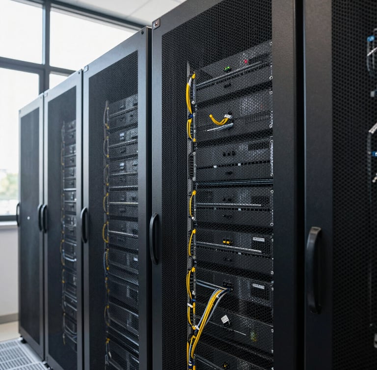 Medium shot of a modern, clean server room in Conakry with structured cabling, bright natural daylight from a high window, technical precision, no people.