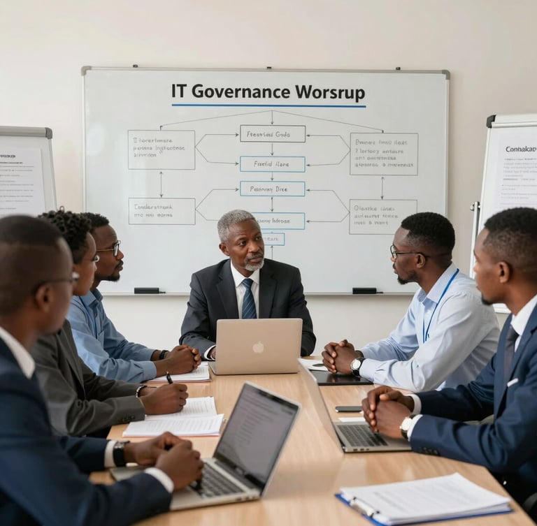 Medium-wide shot of a professional IT governance workshop in Conakry, structured whiteboard with flowcharts, Guinean professionals discussing around a table, bright natural daylight.