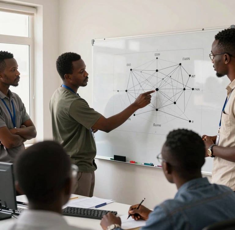 Medium-wide shot of a collaborative IT workshop in Conakry, Guinean engineers analyzing network architecture diagrams on a whiteboard, bright natural daylight, technical and professional atmosphere.