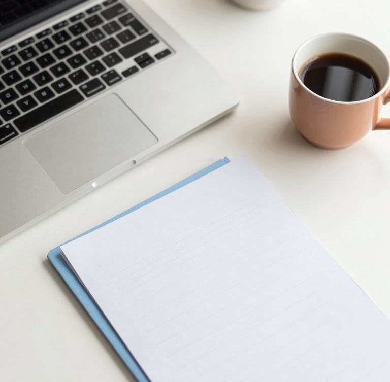 Overhead flat-lay of a clean modern desk with a laptop, neat paper documents, and a warm ceramic coffee cup under soft natural overcast daylight.
