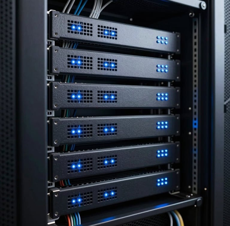 Macro shot of a clean, modern server rack with blinking blue LED indicator lights, structured cabling, cool studio lighting, precise composition.