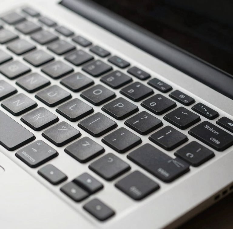 Macro shot of an open premium laptop keyboard and metallic chassis under cool studio lighting, focusing on the precision of the keys.