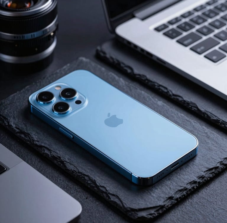 Macro shot of premium smartphones and laptops neatly arranged on a dark slate surface, cool electric blue backlighting, technical precision, high-end tech aesthetic.
