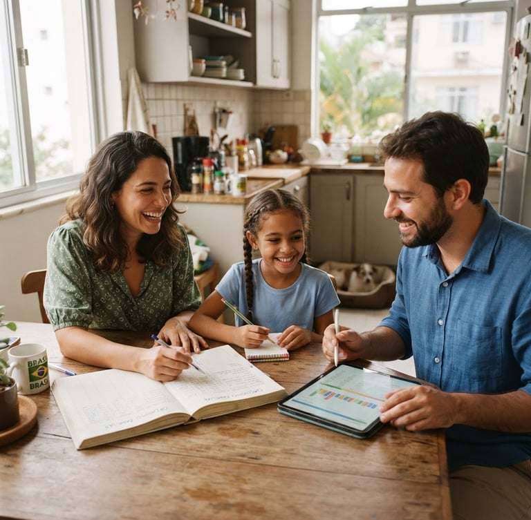 Wide shot of a Brazilian family (mother, father, child) happily organizing a home budget on a kitchen table, using a notebook and a tablet, bright natural daylight, soft shadows, warm tones, clean editorial photography, soft green and blue accents, realistic domestic setting, 35mm