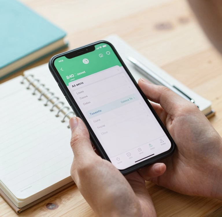 Close-up of hands holding a smartphone displaying a simple budgeting app, with a notebook and pen on a wooden table, bright natural daylight, soft green and blue accents, domestic setting.