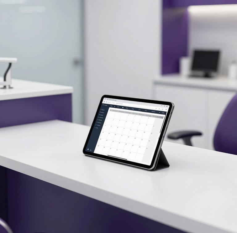 A clean modern dental clinic reception desk, soft morning light, a tablet displaying a calendar schedule, minimalist aesthetic, 35mm photography
