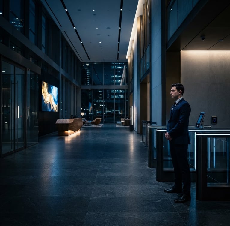 Wide shot of a modern corporate building lobby with clean lines, a professional security guard in a sharp, tailored navy uniform standing discreetly by a high-tech access control terminal, dramatic low-key lighting with cool blue ambient light and subtle golden accents, architectural framing.