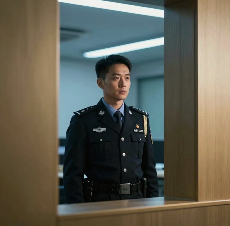 Professional security personnel in a sharp dark uniform, focused and alert, standing in a modern corporate environment, dramatic low-key lighting, cool blue ambient light, architectural framing, sharp focus.