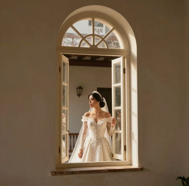 A stunning bride looking out a tall arched window of a historic colonial estate in Honduras, soft window light illuminating her face, rich contrast, timeless elegance