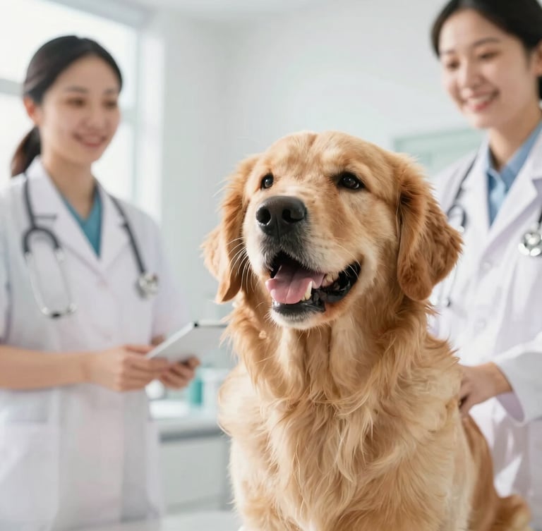 Bright high-key photography of a happy golden retriever looking up at a veterinarian in a modern sunlit clinic, 35mm