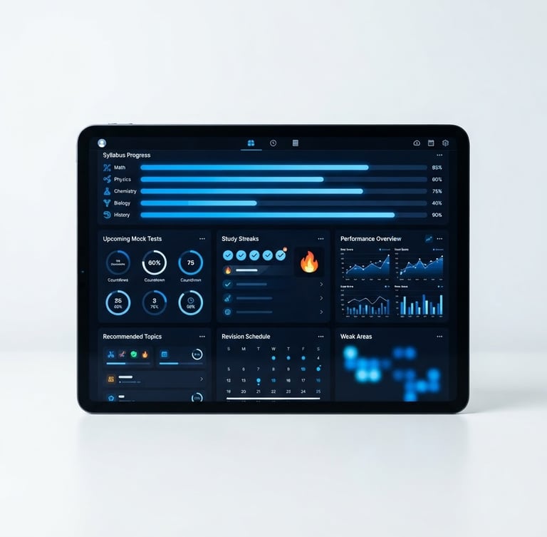 Crisp digital product mockup of a tablet displaying a clean, organized exam preparation dashboard interface with syllabus progress bars, dark blue theme, 50mm