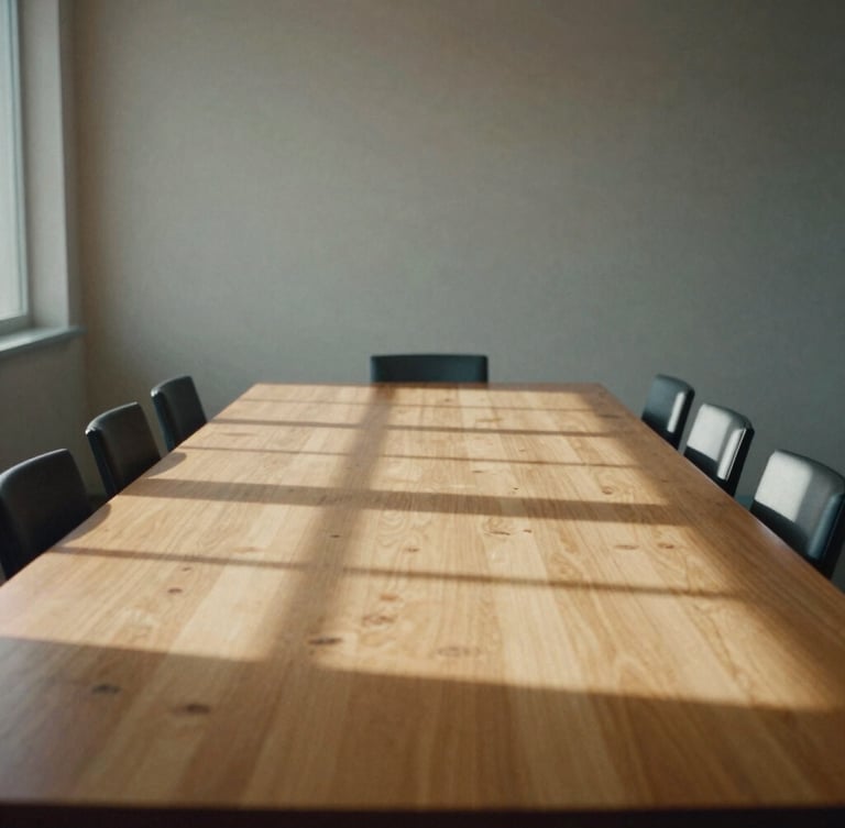 Wide, cinematic environmental shot of an empty, structured meeting space with a heavy oak table, sharp architectural shadows from side window light, desaturated warm tones, 35mm film grain.