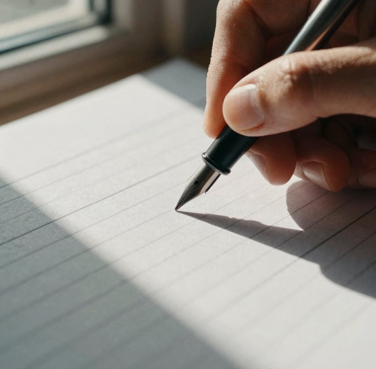 Macro close-up of a hand marking a printed research document with a fountain pen, structured grid lines visible on paper, natural side window light, deep shadows, desaturated warm tones.