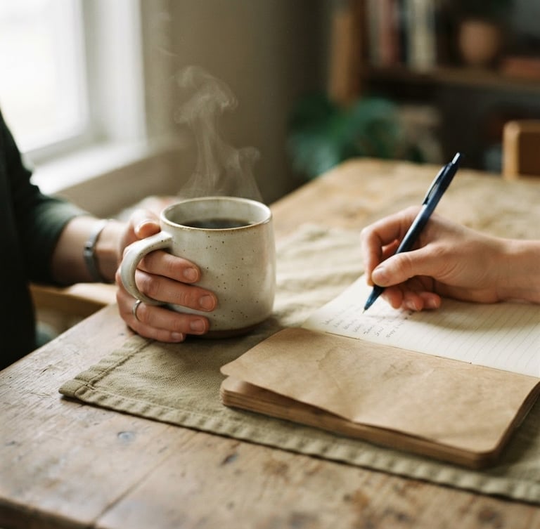 Close-up of hands holding a warm coffee mug and writing in a simple notebook on a wooden table, soft natural window light, muted earth tones, authentic everyday domestic setting, 35mm