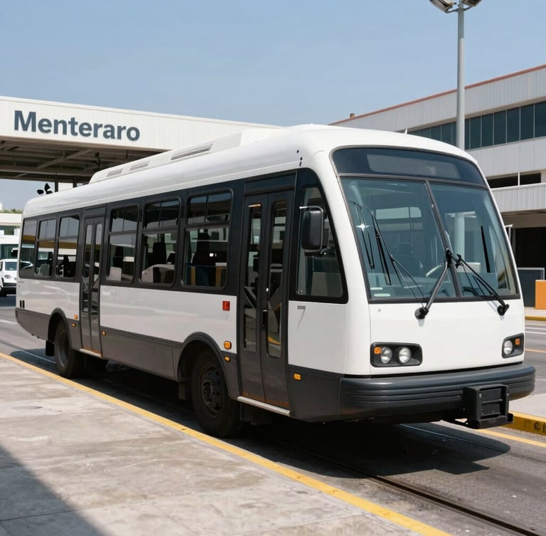 Wide environmental shot of a modern, clean transport shuttle parked at a secure transit terminal in Monterrey, bright natural daylight, high contrast, sharp details.