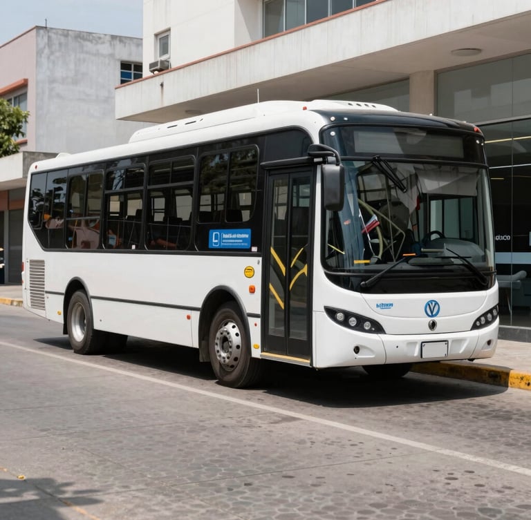 A modern passenger shuttle bus parked outside a clean, professional transit office in Monterrey, bright daylight, sharp focus.