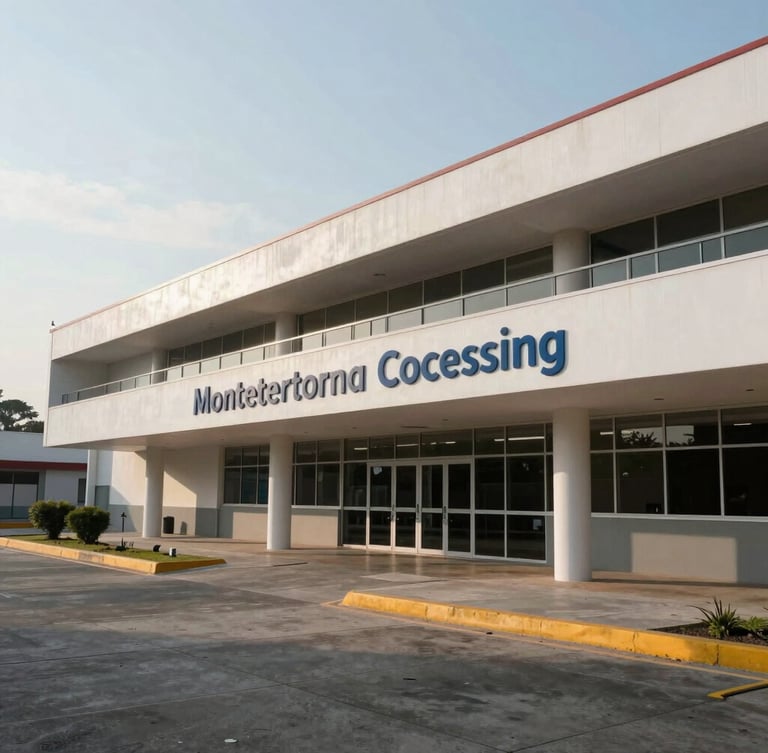 Wide environmental shot of the Monterrey consular processing hub, bright morning light, clean architectural lines, minimal composition.