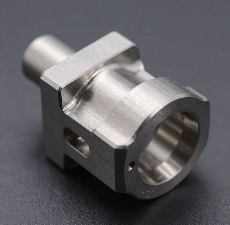 Macro detail shot of a CNC-milled titanium aerospace component with cool crisp studio lighting, sharp metallic highlights, and deep gray shadows.