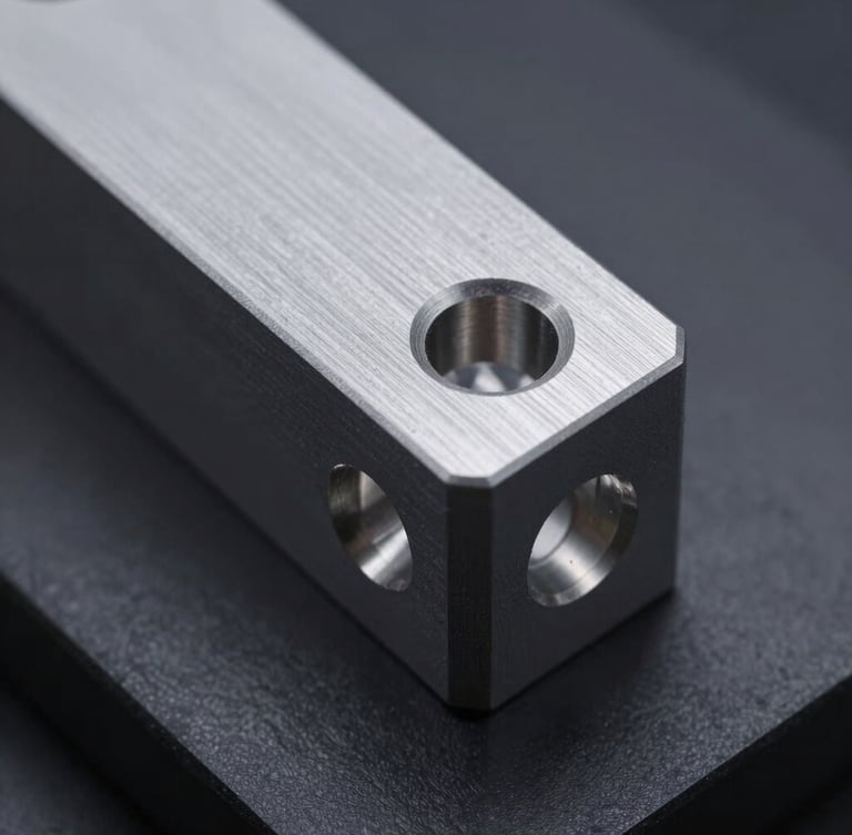 Macro detail shot of a CNC-milled aluminum aerospace bracket with clean metallic edges, cool laboratory lighting, deep gray tones.