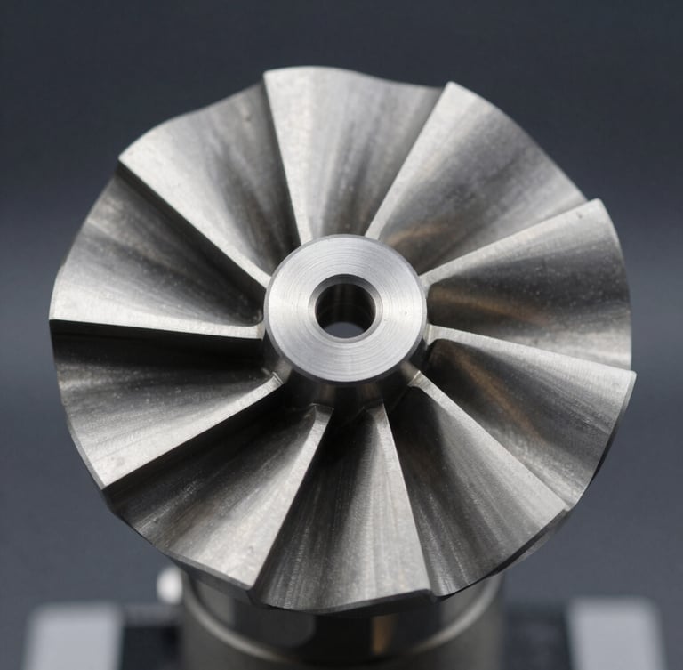 Macro detail shot of a CNC-milled titanium turbine component under cool laboratory lighting, sharp metallic highlights, deep gray shadows, high detail