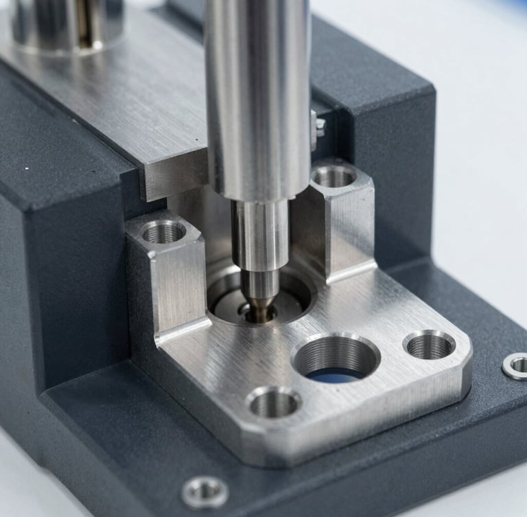 Close-up of a machined metal aerospace bracket undergoing structural stress testing, hydraulic pressure rig, sharp focus on metallic textures, crisp studio lighting