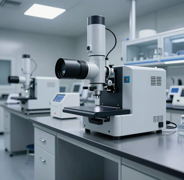Wide panoramic cleanroom laboratory with diagnostic testing equipment, cool crisp studio lighting, metallic silver surfaces, high detail.