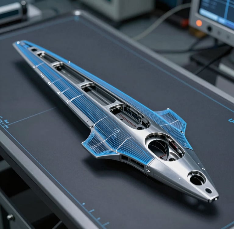 CAD wireframe model of an aerodynamic wing core system on a high-resolution display in a dimly lit engineering lab, cool blue lines, technical blueprint aesthetic