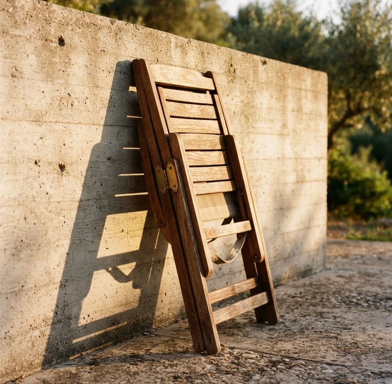 Warm golden-hour shot of a folded wooden lounge chair resting against a concrete architectural wall, long sharp shadows, rich teak texture