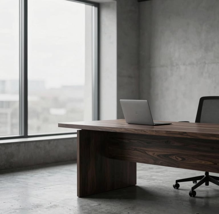 editorial corporate photography, soft natural window light, minimalist office interior with concrete and dark wood, shallow depth of field, 35mm